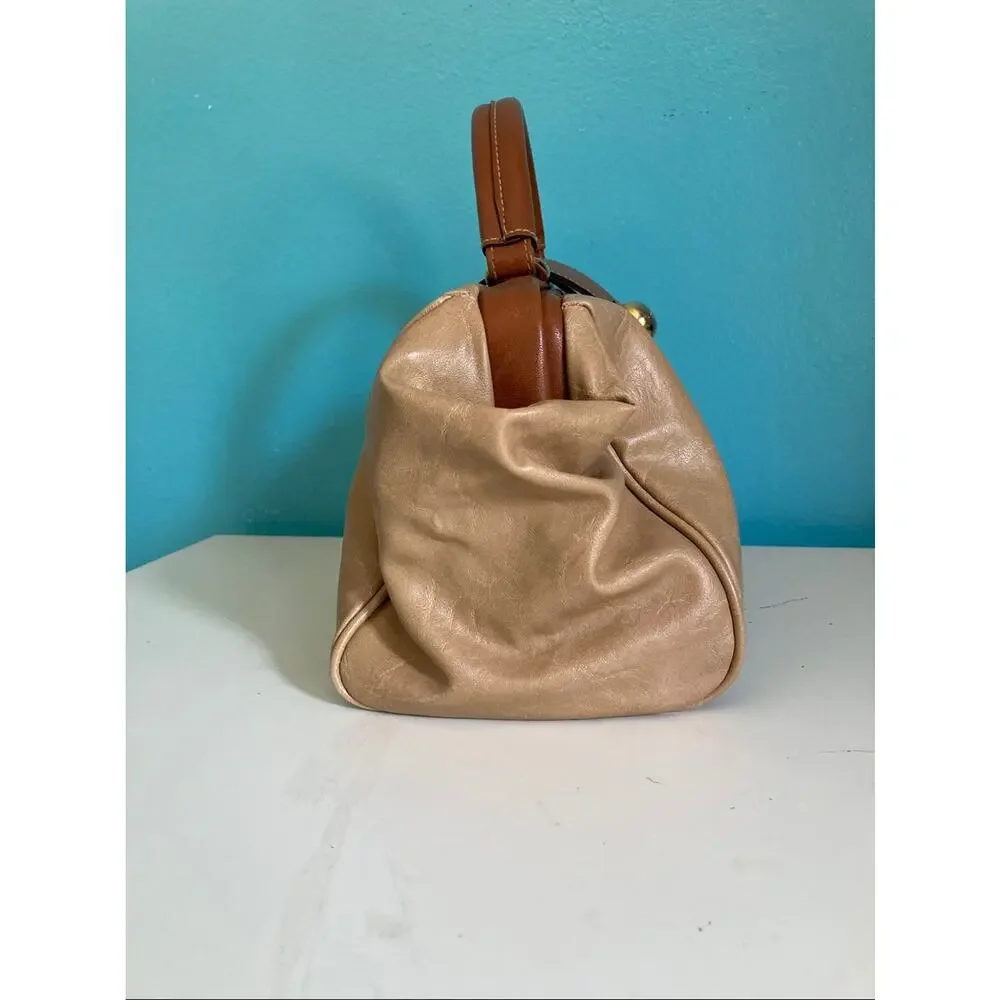 Vintage 80s Capezio Doctor Bag Handbag Beige Brown Frame Satchel Purse 14 x 7.5
